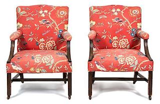 A Pair of George II Style Mahogany Upholstered Open Armchairs