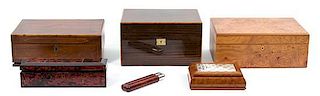 A Collection of Wooden Humidors and Covered Boxes Largest height 6 x width 16 x depth 10 3/4 inches.