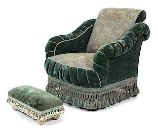 A Victorian Upholstered Armchair and Footstool Height 38 x width 30 x depth 31 inches.