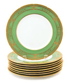 A Group of Eight Coalport Porcelain Plates with Apple Green and Gilt Border Diameter 9 inches.