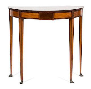 An American Hepplewhite Inlaid Birch Demilune Side Table Height 36 x width 37 3/4 x depth 17 3/4 inches.