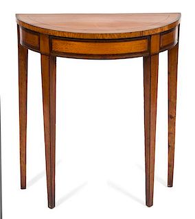 An American Hepplewhite Inlaid Birch Demilune Side Table Height 29 1/2 X width 25 3/4 x depth 12 1/2 inches.