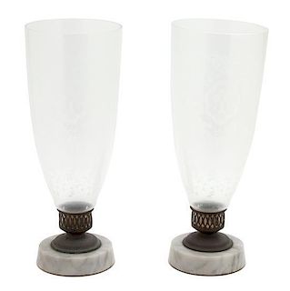A Pair of American Etched Glass Hurricane Lamps Height 18 inches.