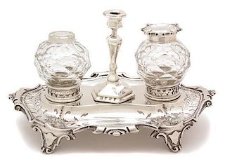 An English Silver and Glass Standish, Henry Wilkinson & Co., Sheffield, England, 1854, having pierced cartouche-form tray wit