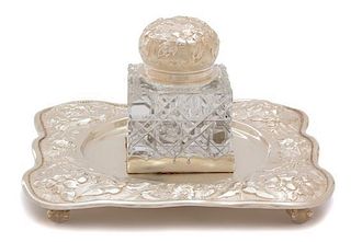 An American Silver and Cut-Glass Inkwell on Stand, 20th Century, Bigelow, Kennard & Co., Boston, MA,
