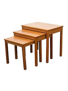 A Set of Danish Teak Nesting Tables Largest: height 20 x width 21 x depth 18 inches. Middle: height 17 1/2 x width 18 x depth