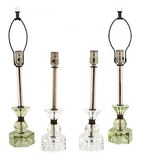 Two Pairs of Etched Lucite Columnar-form Table Lamps Height 16 inches.