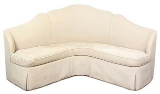 A Contemporary Upholstered Corner Banquette Height 49 x width 104 x depth 54 inches.