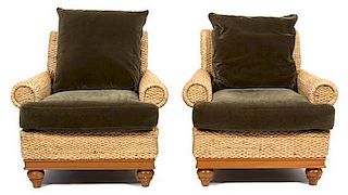 A Pair of Wicker Armchairs with Velvet Back and Seat Cushions Height 34 x width 35 x depth 37 inches.