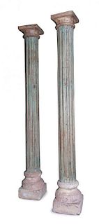 A Pair of Anglo-Indian Green Painted Fluted Wood Columns Height 117 inches.