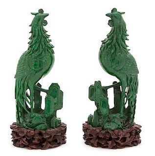 A Pair of Chinese Carved Green Hardstone Models of Phoenix Birds