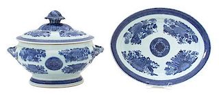 A Chinese Export Blue and White Fitzhugh Tureen and Undertray Tureen height 10 x width 13 x depth 8 1/2 inches.
