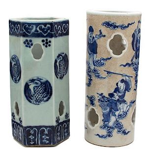 Two Blue and White Chinese Export Porcelain Hat Stands Height of tallest 11 3/4 inches.