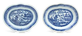 Two Chinese Canton Blue and White Porcelain Shaped Dishes Length of larger 10 5/8 inches.