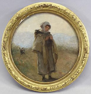 French School, Painting of Young Girl in Field