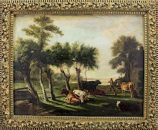 19th C. Bucolic Landscape with Figure, Cattle