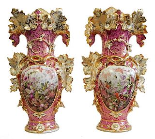 Pair of Paris Porcelain vases with elaborate leaf and vine decoration