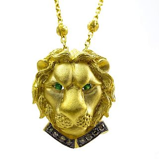 Vintage 24 Karat Yellow Fine Gold Lion Pendant Necklace Accented with Fancy Yellow Diamonds.
