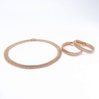 Vintage 14 Karat Pink Gold Mesh Link Necklace and Two (2) Bracelet Suite.