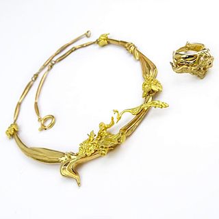 Vintage Italian Art Nouveau style 14 Karat Yellow Gold Necklace and Ring Suite.