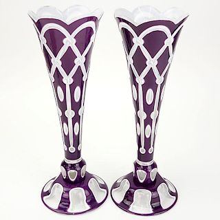 Pair Of Vintage Bohemian Amethyst To Clear Cut Glass Vases.