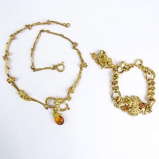 Vintage Italian Art Nouveau style 14 Karat Yellow Gold and Briolette Cut Citrine Pendant Necklace and Bracelet with Oval Cut 