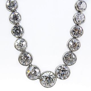 Vintage Approx. 41.0 Carat Bezel Set Graduated Round Brilliant Cut Diamond and Platinum Riviera Necklace, Diamonds F-H color,