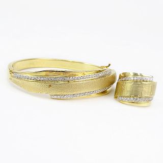 Vintage Israeli Diamond and 14 Karat Yellow Gold Hinged Bangle Bracelet and Ring Suite.