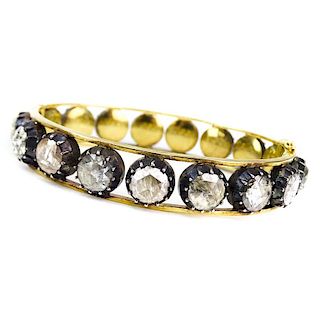 Approx. 20.0 Carat Rose Cut Diamond, 18 Karat Yellow Gold and Silver Hinged Bangle Bracelet.