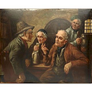 Antique German Oil on Board "The Tavern" Signed to top.