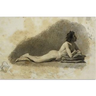 19th Century Italian School Charcoal Drawing "Reclining Male Nude" with small portrait lower left. Bears portrait monogram (f