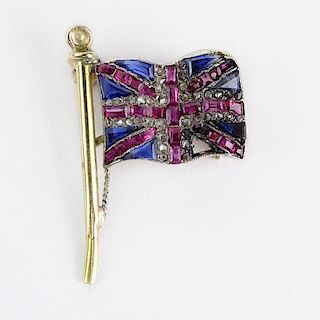 Vintage 18 Karat Yellow Gold British Flag Brooch Set with Rose Cut Diamonds, Sapphires and Rubies.