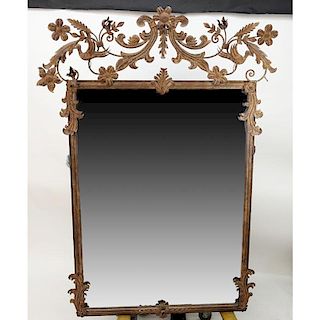 Large Mid Century Iron Framed Wall Mirror with Birds and Foliage Relief.
