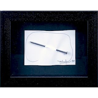 Attributed to" Gunther Uecker (b 1933) Pencil and nail on paper, mounted on cardboard. "Nail 1990".