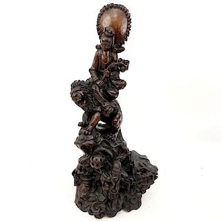 Huge 19/20th Century Chinese Carved Wood Quan Yin On A Foo Lion Sculpture.