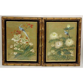 Pair of Chinese Watercolor "Birds" Painting on Cork Paper.