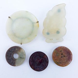 Chinese Carved Jade Five (5) Piece Lot Including a Celadon Jade Leaf Dish, a Celadon Jade Small Bowl with Carnelian Feet and 