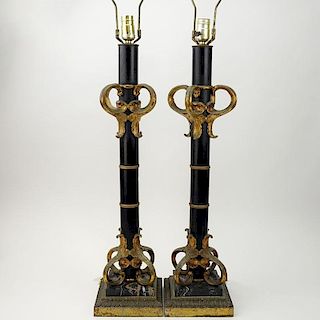 Pair of Neoclassical Style Gilt and Patinated Metal Lamps.