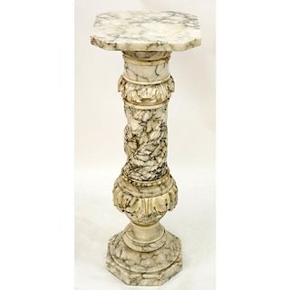 Antique Italian Carved White Marble Pedestal. Nicks to top, stains, and glue residue beneath top surface.
