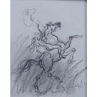 European School Pencil and Charcoal on textured gray paper "Surrealist Nude Female On Horse".