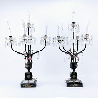 Pair of Empire Style Tole and Gilt Metal 4 Light Candelabra Lamps.