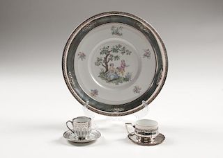 Silver-Clad Porcelain Plate and Demitasse Cups