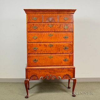 Eldred Wheeler Queen Anne-style Dunlap School Shell-carved Tiger Maple Chest-on-frame, ht. 63, wd. 36 3/4, dp. 19 1/2 in.