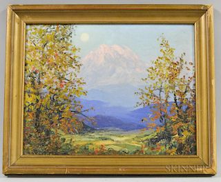 Lionel Salmon (Washington, 1885-1945)  View of Mt. Rainier. Signed l.l. Oil on board, 10 1/2 x 13 1/2 in., framed.