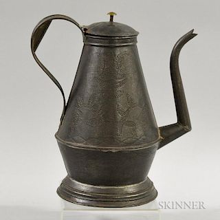 Stippled Tulip-decorated Tin Coffeepot, 20th century, ht. 12 in.
