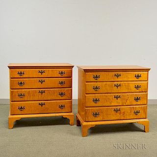 Pair of Eldred Wheeler Chippendale-style Tiger Maple Chests of Drawers, ht. 33 1/4, wd. 35, dp. 18 1/2 in.