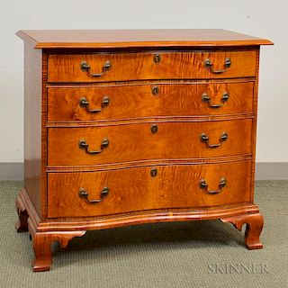 Eldred Wheeler Chippendale-style Tiger Maple Oxbow-front Chest of Drawers, ht. 34 1/2, wd. 37 3/4, dp. 21 in.