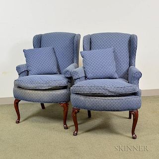 Pair of Queen Anne-style Upholstered Cherry Wing Chairs, ht. 38 in.