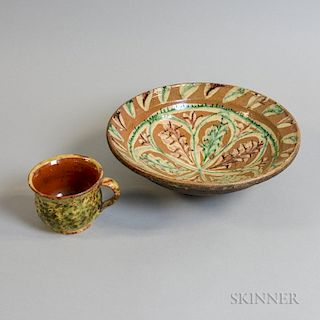 Polychrome Glazed Redware Cup and Bowl, ht. to 4, dia. to 12 in.