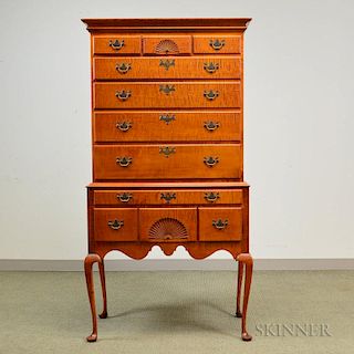Eldred Wheeler Queen Anne-style Fan-carved Tiger Maple High Chest, ht. 71, wd. 36 3/4, dp. 19 1/2 in.